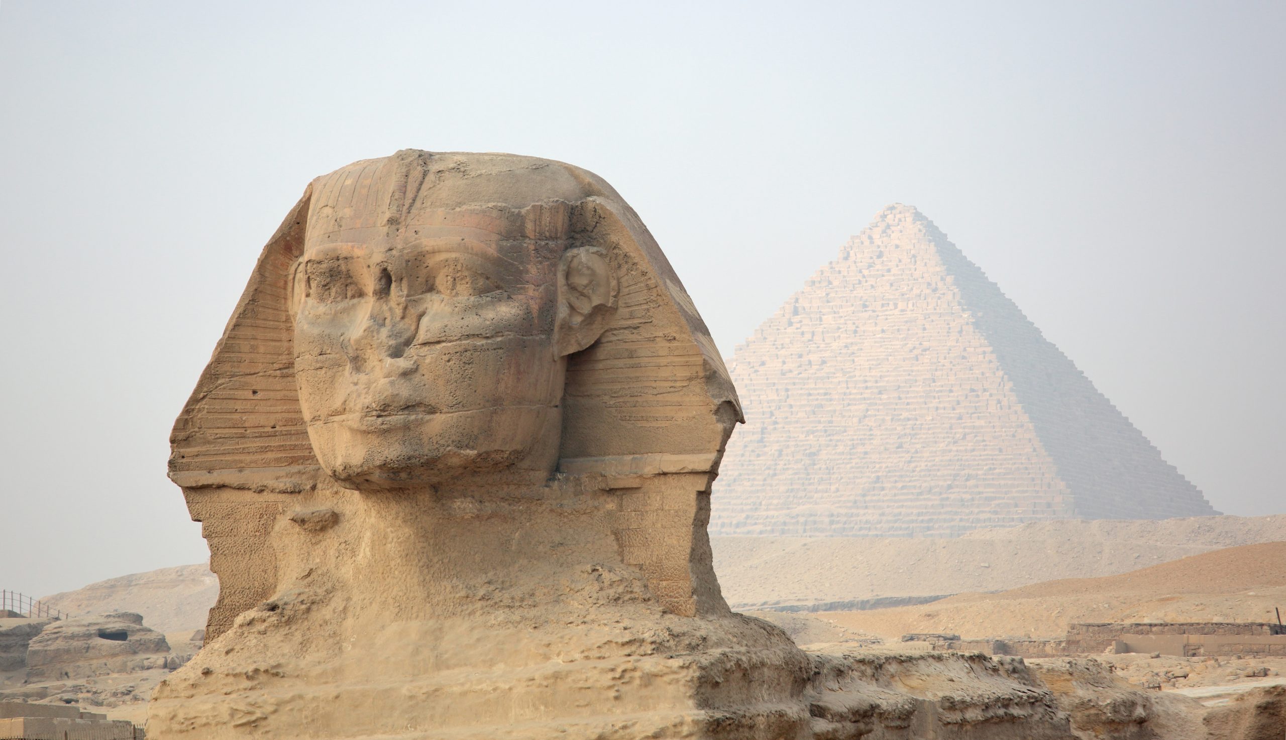 The Sphinx at Giza and ancient Egyptian pyramid in Giza, Cairo